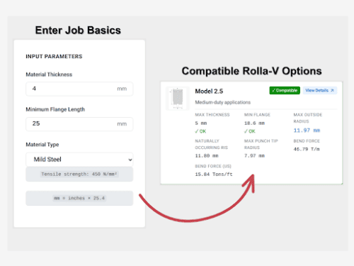 Screenshot of the Rolla-V Product Selector Calculator showing job inputs for 4 mm mild steel with a 25 mm minimum flange length and a result panel identifying Model 2.5 as a compatible Rolla-V option, highlighted by a red arrow.